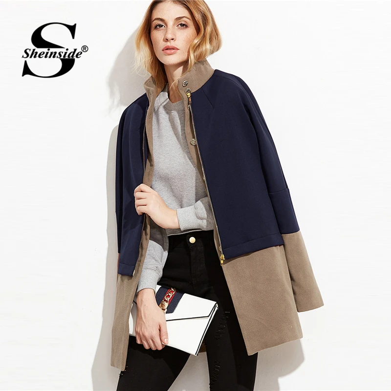 

Sheinside Color Block Stand Collar 2 In 1 Long Coat Women Winter Tops Long Sleeve Outerwear Elegant Overcoat 2018 Winter Coats