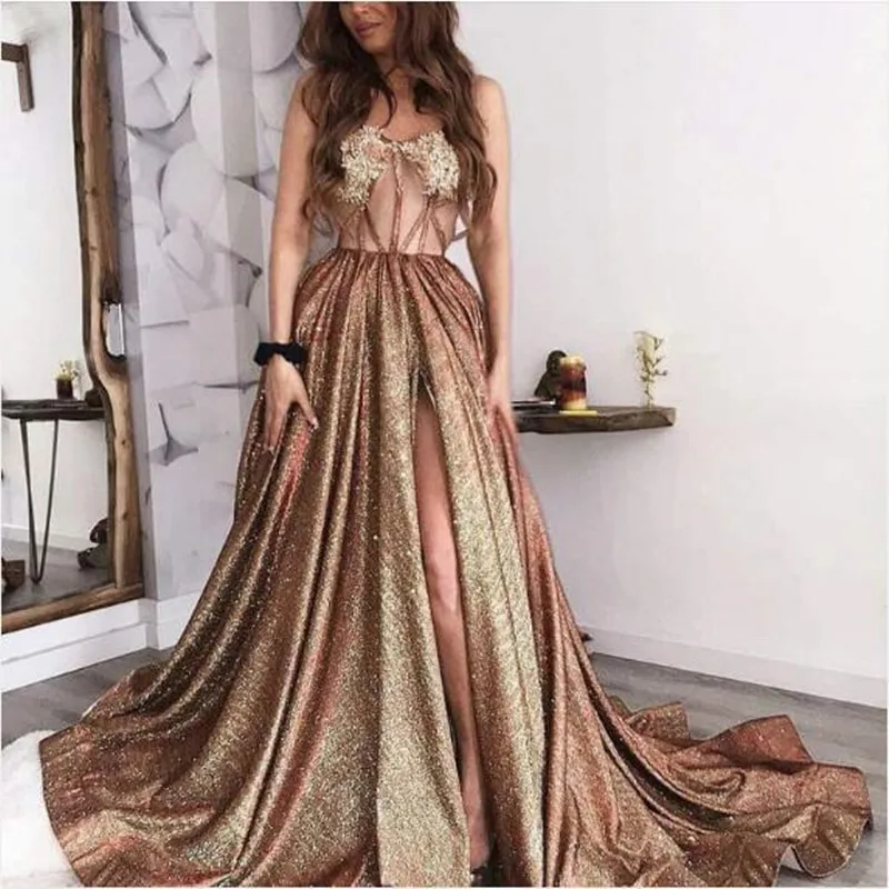 

Saudi Arabic Shiny Sequin Women Long Evening Party Dresses Elegant Applique Sexy High Slit Prom Gown Abendkleider Robe De Soiree