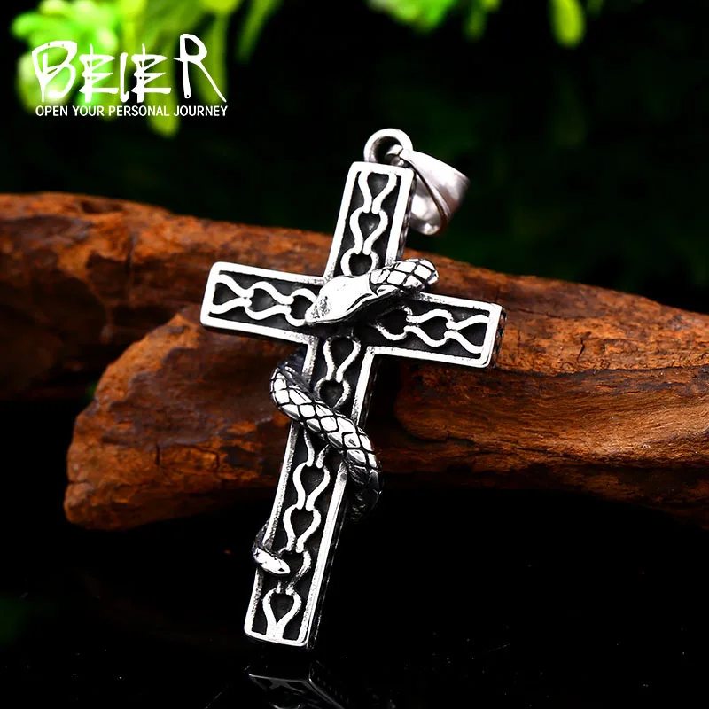 

BEIER Stainless steel Pattern Cross Pendant Necklace with Snake Choker Animal Charm statement Jewelry For man LHP073