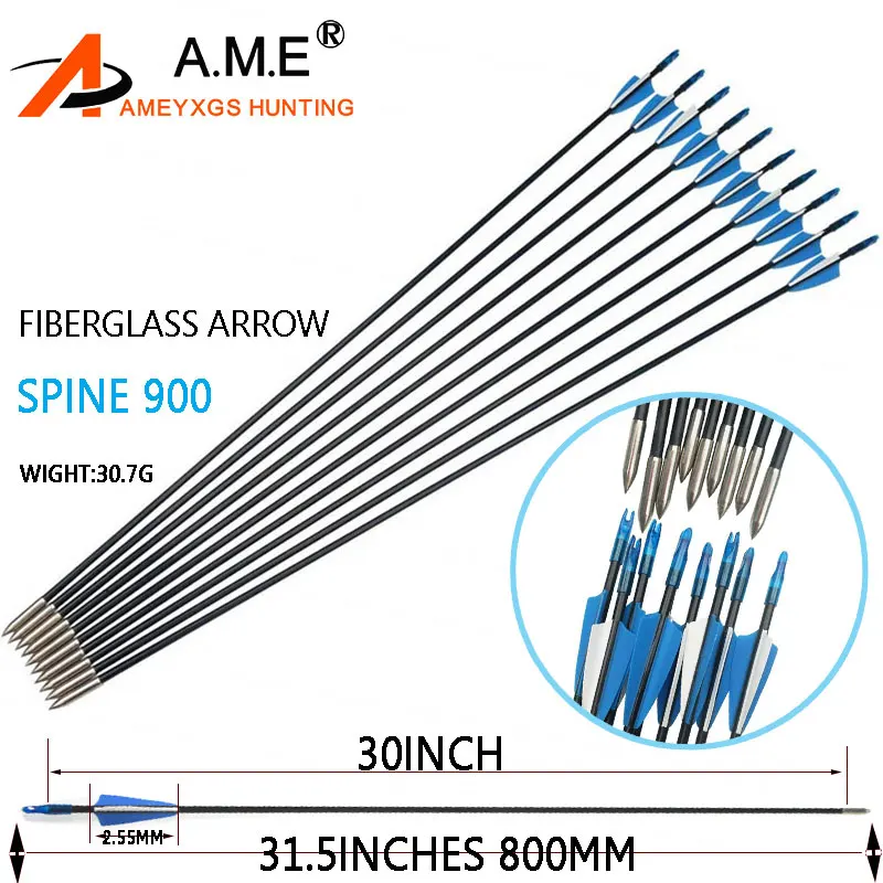 6/12/24pcs 30 inch Glassfiber Arrow Spine 900 Rubber feather Replaceable Arrowhead Archery Recurve Bow Hunting Children's Bow 
