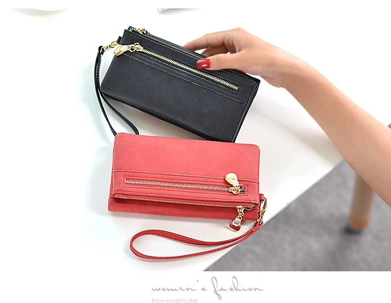 High Capacity Fashion Women Wallets Long Dull Polish PU Leather Wallet Female Double Zipper Clutch Coin Purse Ladies Wristlet