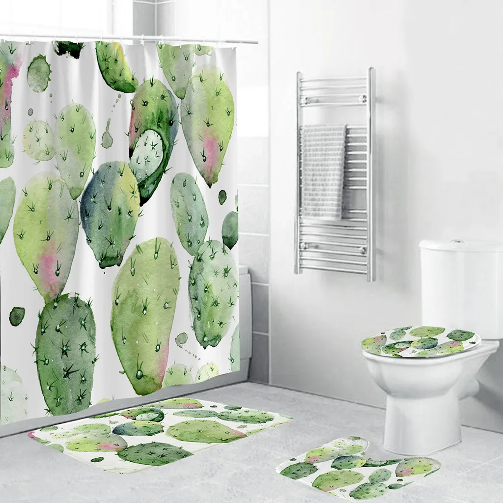 

Bathroom Set 4PCS Waterproof Polyester Shower Curtain Set Cactus Printing Non Slip Rugs Carpet for Bathroom Toilet cortina5Apr25