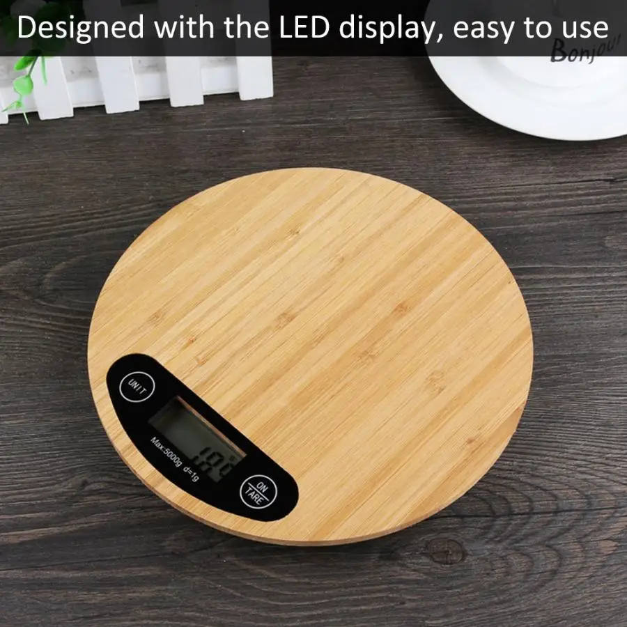 5 кг/1 г Круглый бамбуковый светодиодный дисплей электрические кухонные весы для приготовления пищи цифровые кухонные весы