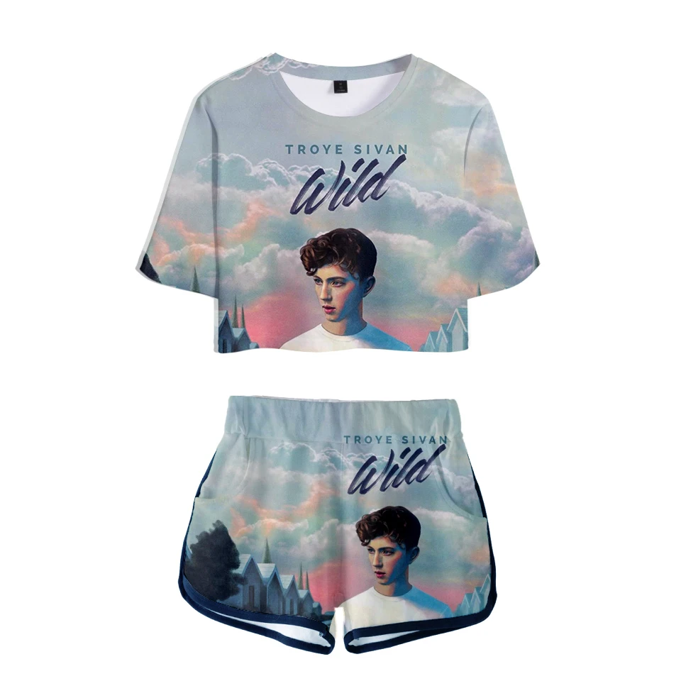 Женский хлопковый костюм с короткими рукавами Troye Sivan футболка пупком + шорты в