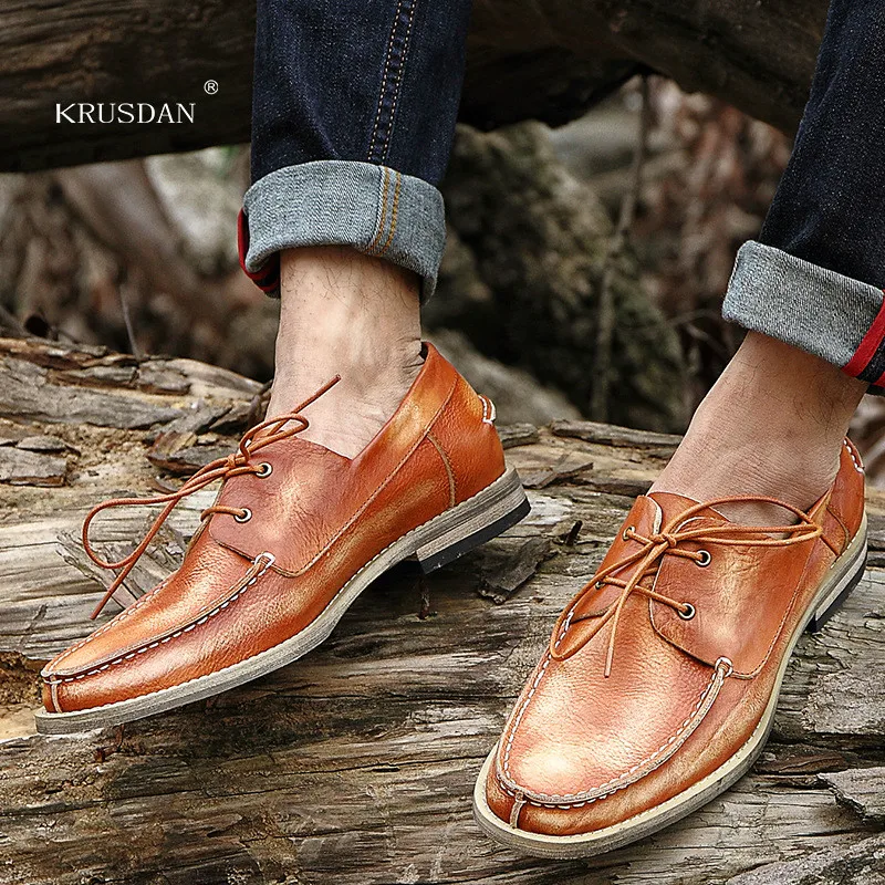 2017 New Vintage Men's Genuine Cow Leather Casual Shoes Breathable Lace-up Round Toe Handmade Top Quality for Male KRUSDAN | Обувь