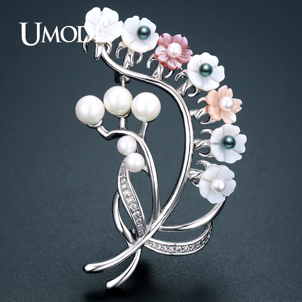 

UMODE Cute Charm Multi Colors Flower Pealr Brooches for Women White Gold Color Party Wedding Jewelry Pins Christmas Gift AUX0033