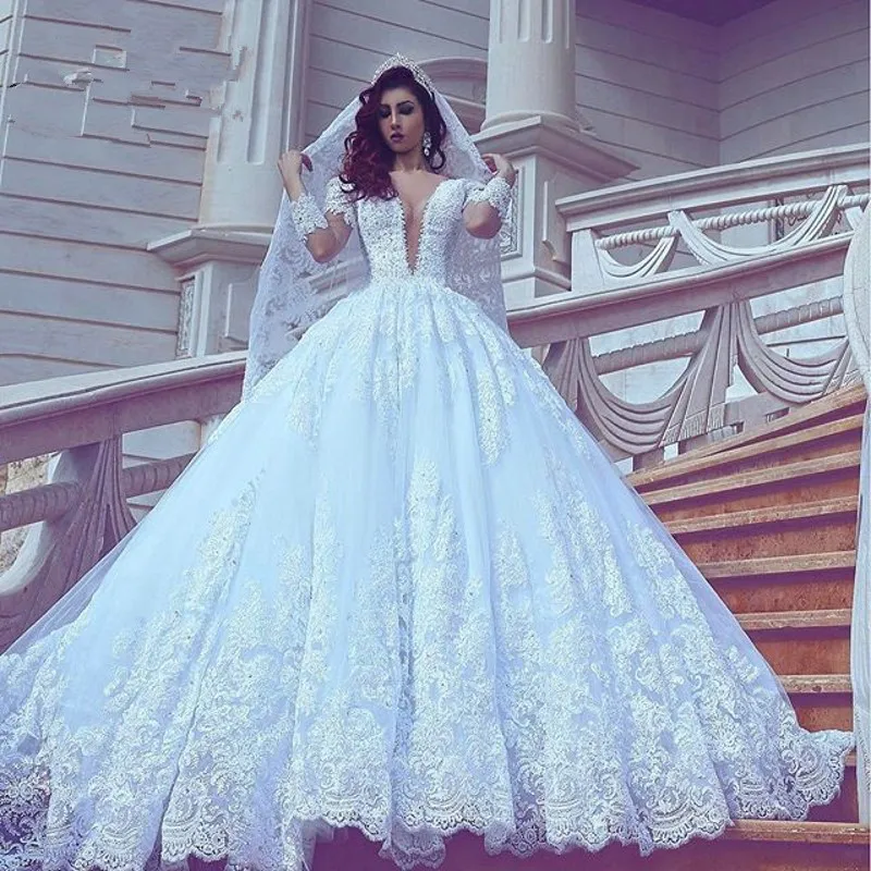Long-Sleeve Modest Court Train V-neck Ball Gown Lace Wedding Dress 248