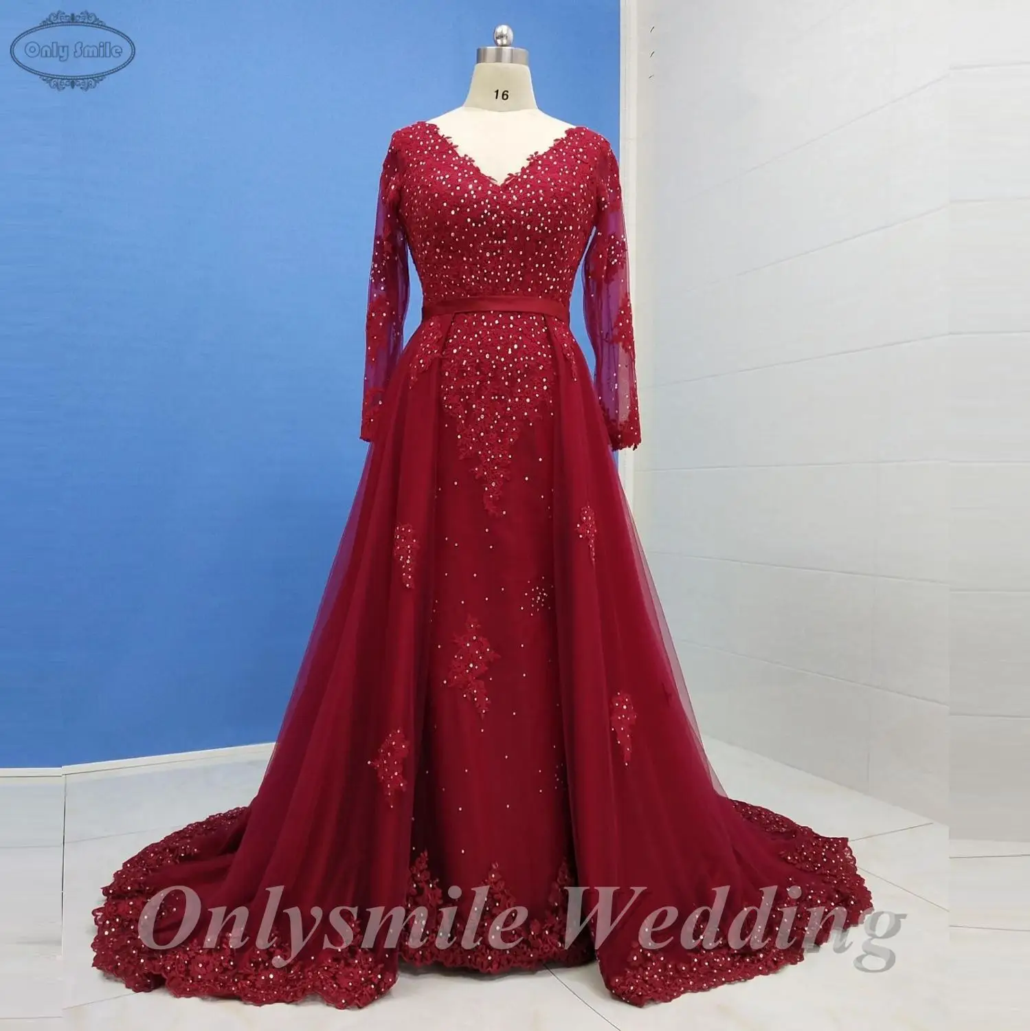 

Onlysmile Wine Red Crystal Luxury Evening Dresses 2019 Latest Design V-Neck Long Sleeves Muslim Evening Gowns Removable Train