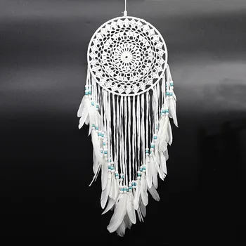 

White Wind Chimes Handmade Flower Dream Catcher Feather Blue Bead Dreamcatcher For Window Car Wall Hanging Decoration Ornament