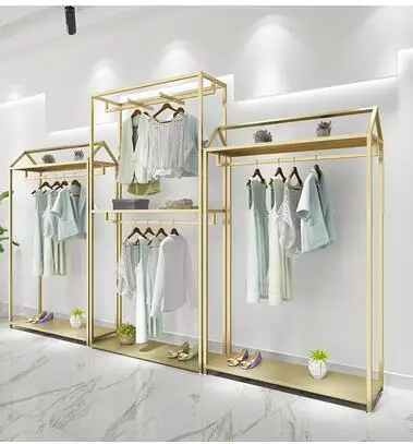 Gold clothing store display rack - style double - layer clothes rack men's and women's clothing store decoration design high.
