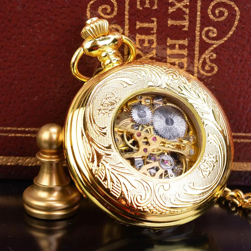 Vintage Steampunk Skeleton Mechanical Fob Pocket Watch Golden Hollow Mens Womens Pendant Hand winding Clock Gift 4