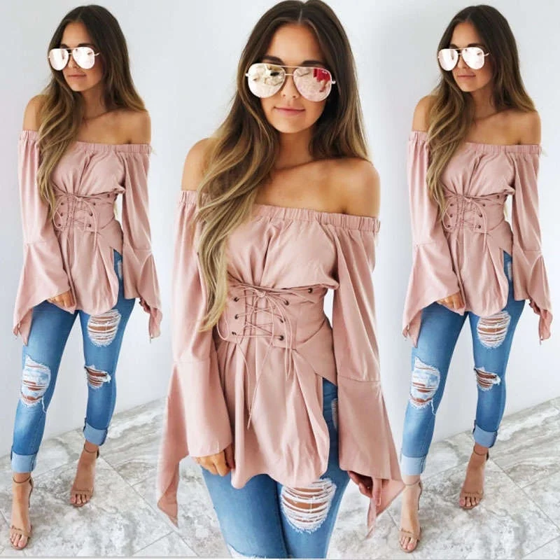 Women Blouses Off Shoulder Pink Tops new Fashion Vintage Long Sleeve Shirt Tied Festivals Classics Top Sexy Lace Up Blouse