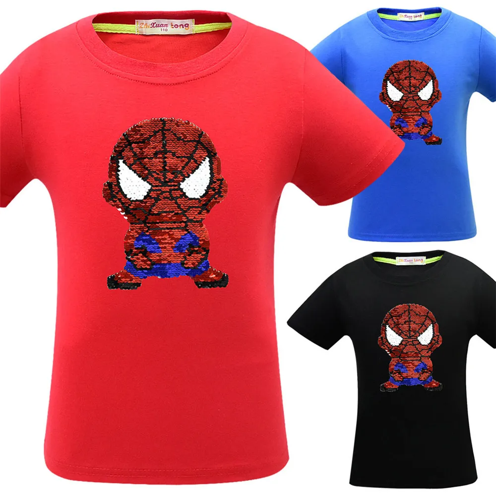 

Festival red sequin Tops changing Pattern Spiderman switchable Blue Spider man Boys T-shirts Kids fashion t shirt kids clothes