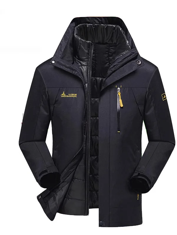 Мужская зимняя водонепроницаемая куртка для катания на лыжах 3 в 1, уличная куртка с капюшоном и хлопковой подкладкой, пальто для кемпинга, походов, походов, альпинизма, путешествий, негабаритных размеров - Цвет: Black