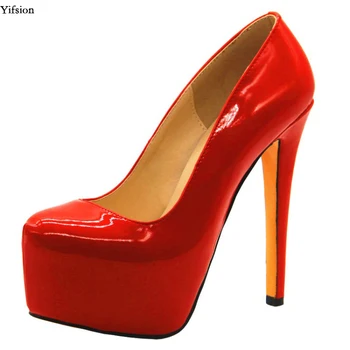

Olomm New Women Platform Shiny Pumps Stiletto High Heels Pumps Gorgeous Round Toe Elegant Red Party Shoes Women US Size 4-10.5