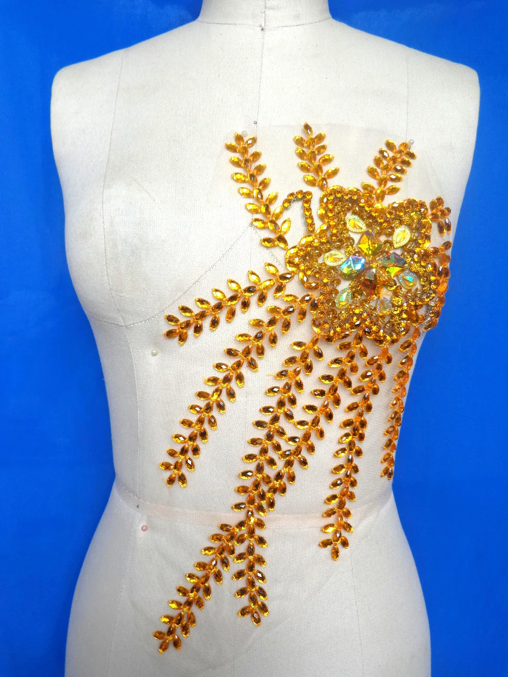 A103 Handmade sew on Rhinestones applique golden crystal trim patches