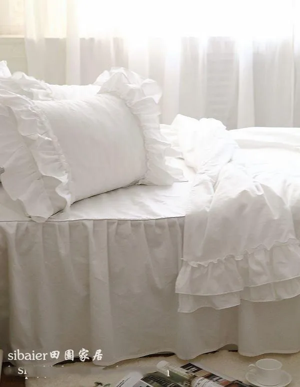 Романтический белый falbala рюшами Кружева постельных принадлежностей/принцесса пододеяльник набор, сплошной цвет одеяло наборы, Твин Полный Королева Король