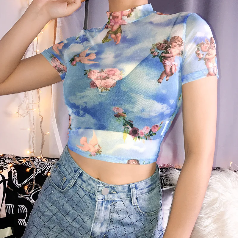 

Sexy Tops Angel Printed O Neck Lady Dresses Floral Short Sleeve Summer Shirt