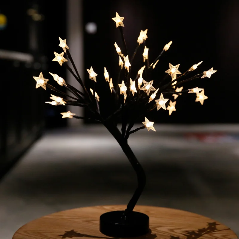 

LED Christmas Star Tree Bedside Decor Night Light USB AA Battery Cherry Flower Atmosphere Lamp Halloween Bedroom Holiday Light