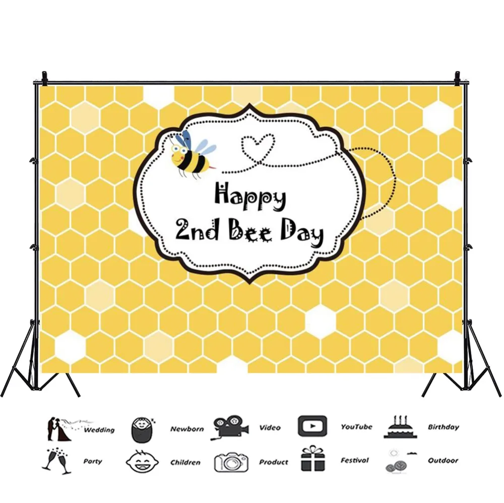 Laeacco Bee Happy Baby Birthday Party Cartoon Poster Photographic Backgrounds Photography Backdrops For Photo Studio