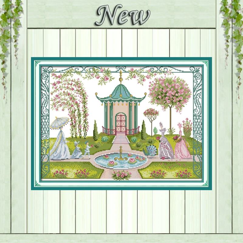 Backyard garden flower girls peacock painting Counted Print on canvas DMC 11CT 14CT Cross Stitch kits Needlework Sets embroidery | Дом и сад