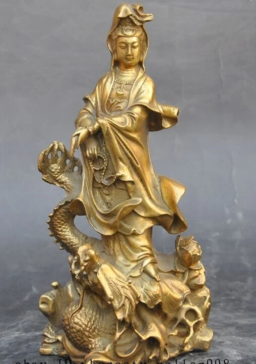 

9"Chinese Buddhism brass stand dragon Kwan-Yin GuanYin Bodhisattva buddha statue