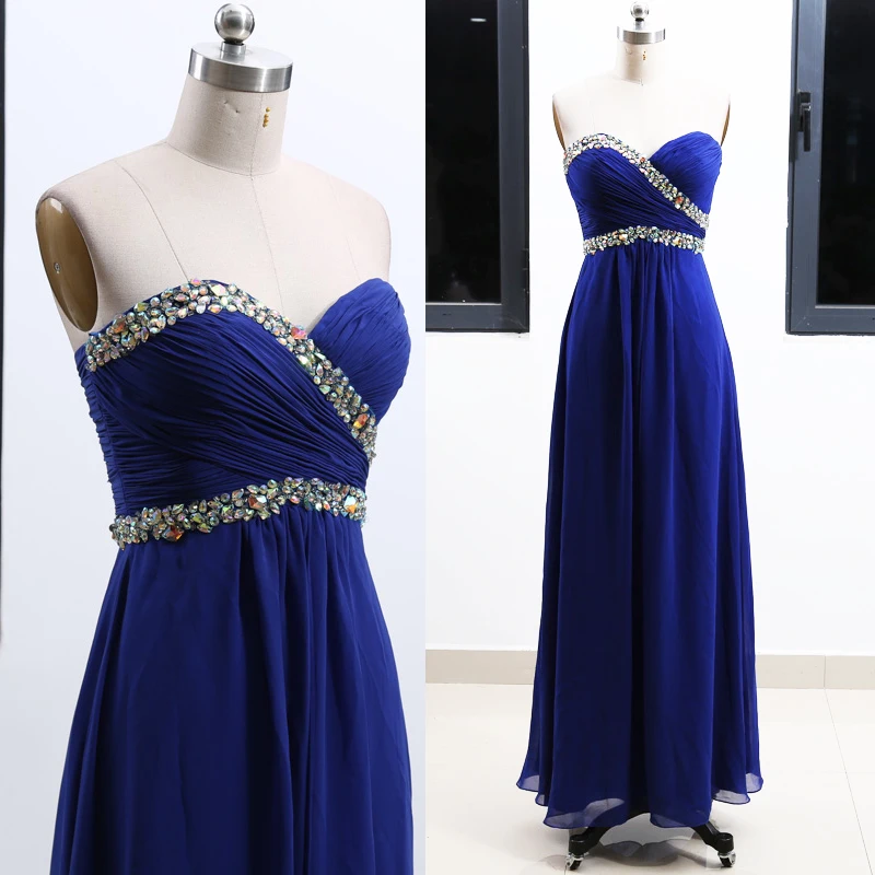 

MACloth Dark Blue A-Line Strapless Floor-Length Long Crystal Chiffon Prom Dresses Dress S 262602 Clearance