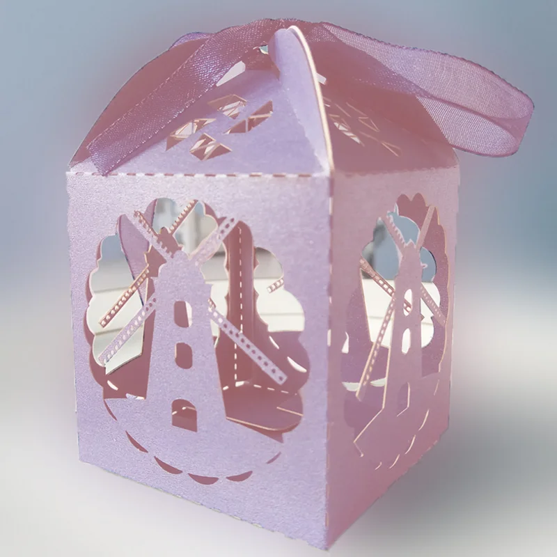 

10pcs/set Creative Design Wedding Laser Cut Candy Boxes Party decorations windmill Pattern Silk ribbon party deco Package Gifts