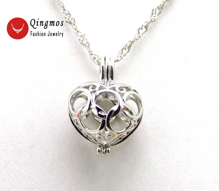 Qingmos Wish жемчужное ожерелье для женщин с 20 мм Рыбная клетка держатель любовь, жемчужный Модный кулон Подарочная коробка под ожерелье-3622 - Metal Color: Big Heart