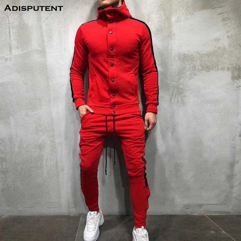 

2019 Patchwork Spring Autumn Men Suits Men's Sportswear Tracksuit Side Striped Hoodie Two Pieces Set Drawstring chandal hombre