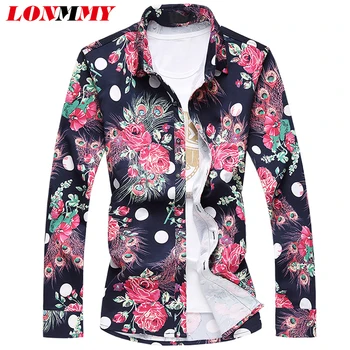 

LONMMY L-6XL Floral mens shirt 65% cotton brand clothing camisa social long sleeve mens dress shirts Flower slim fit 2018 Spring