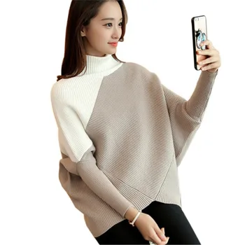 

Autumn Winter Women Knitted Sweater Female Patchwork Beatwing Sleeve Pullover Loose Casual Knitted Sweater sudadera mujer F288