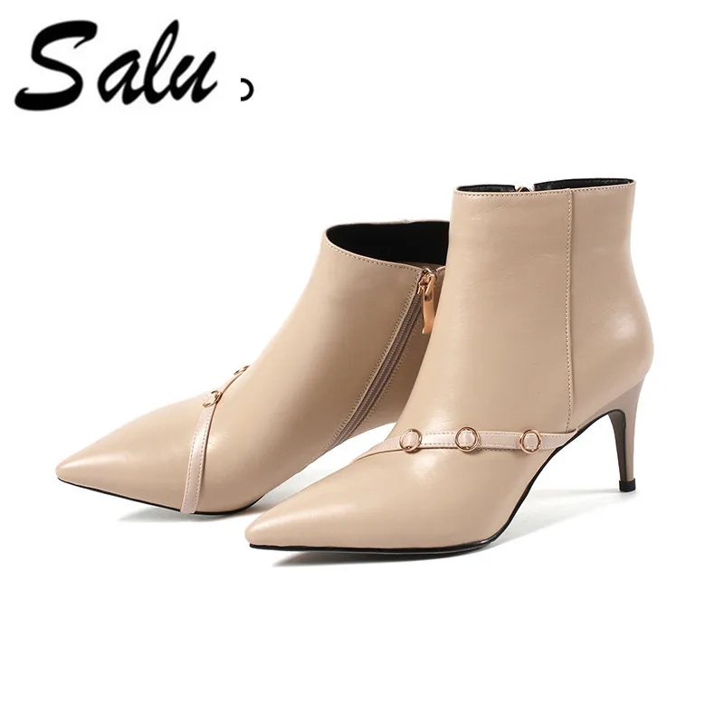 

Salu 2018 new black natural leather ladies booties with zipper size 35-43 free shipping