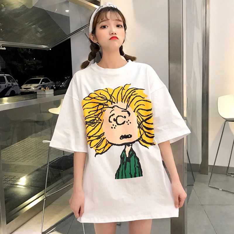 

2018 Summer Women Cartoon T Shirt Korean Style Harajuku Shirt Female T-shirt Loose O Neck Tops Casual White Basic T-shirt