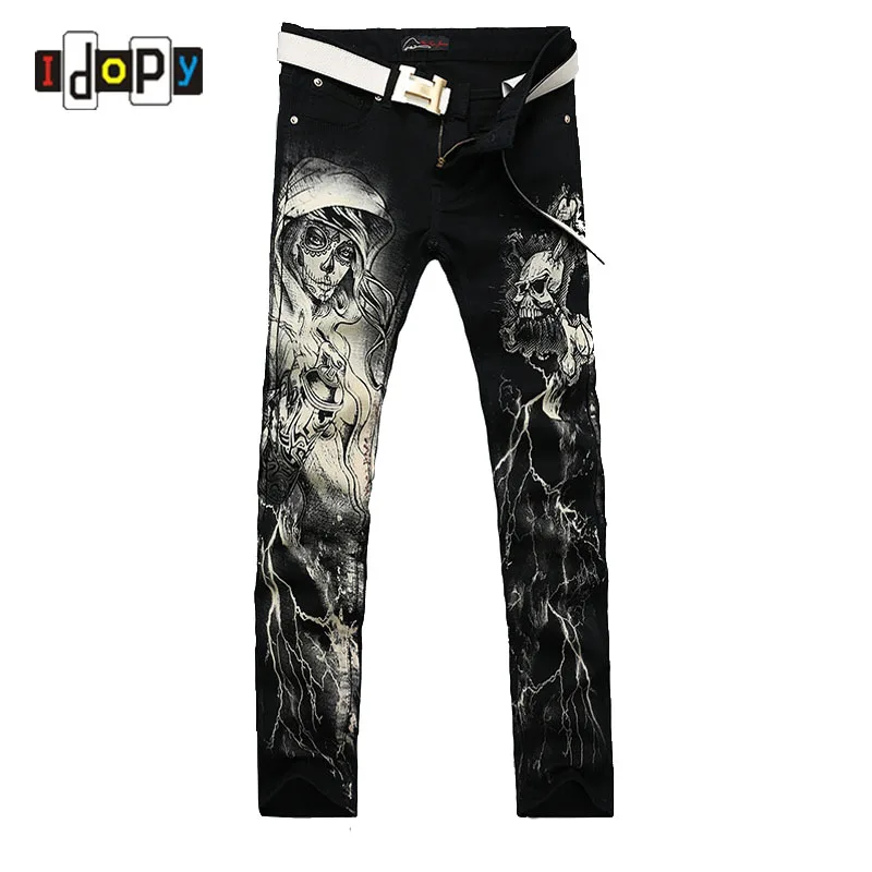 New 2018 Men`s Printed Jeans Punk Style Gothic Painted Cotton Straight Leg Cool Jeans For Young Men New 2018 Men`s Printed Jeans Punk Style Gothic Painted Cotton Straight Leg Cool Jeans For Young Men