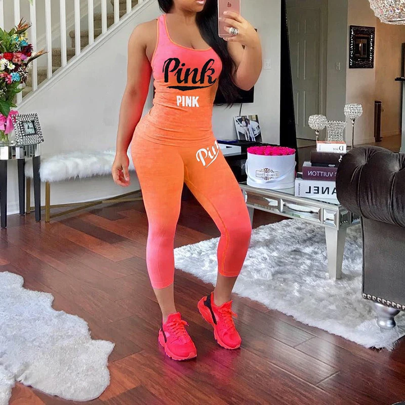 

Summer Casual Sexy 2 Piece Outfit Women PINK Letter Print Tanks Top And Fit Length Pants Gradient Fitness Suits Plus Size XXXL