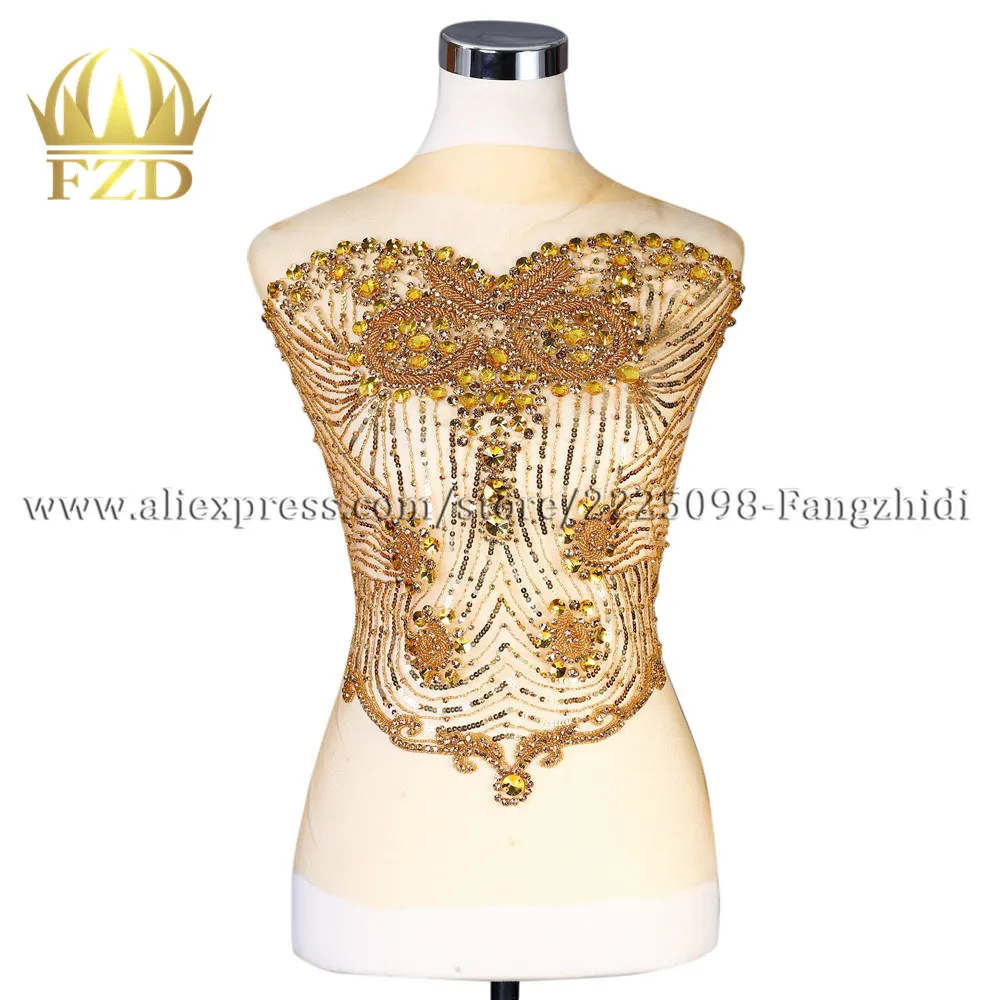 

FZD 1 Piece Solid Bodice applique jewelry Dress Sequin Rhinestones Patch For Wedding Dress Decoration Trimming Fabric