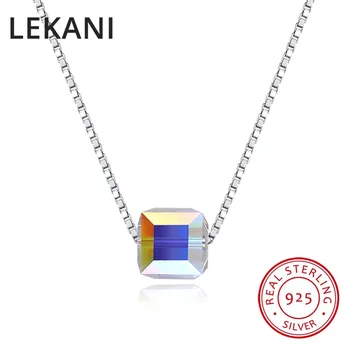 

LEKANI Real S925 Silver Fine Jewelry Cube Beads Crystals From SWAROVSKI Pendants Necklaces Simple Fashion Collares For Women