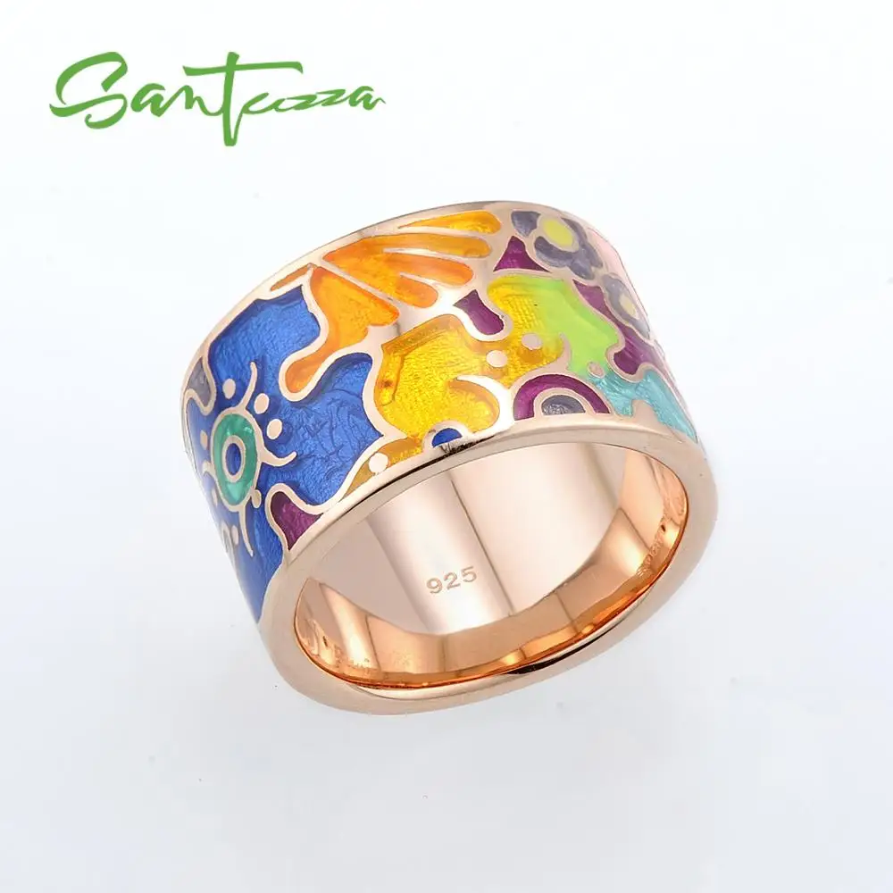 

SANTUZZA Silver Rings for Women Colorful Enamel Pure 925 Sterling Silver Female Party Fashion Jewelry HANDMADE