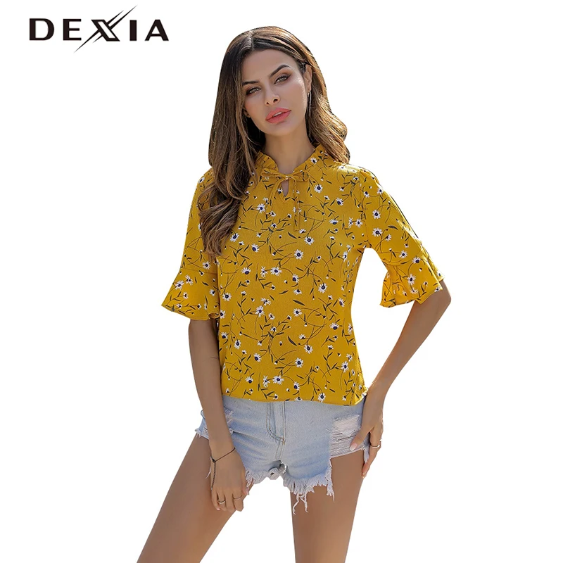 

DEXIA Bow Half Flare Sleeve Yellow Flower t shirt Women Casual Loose Summer Elegant Femme Office Casual Tops Clothing tshirt