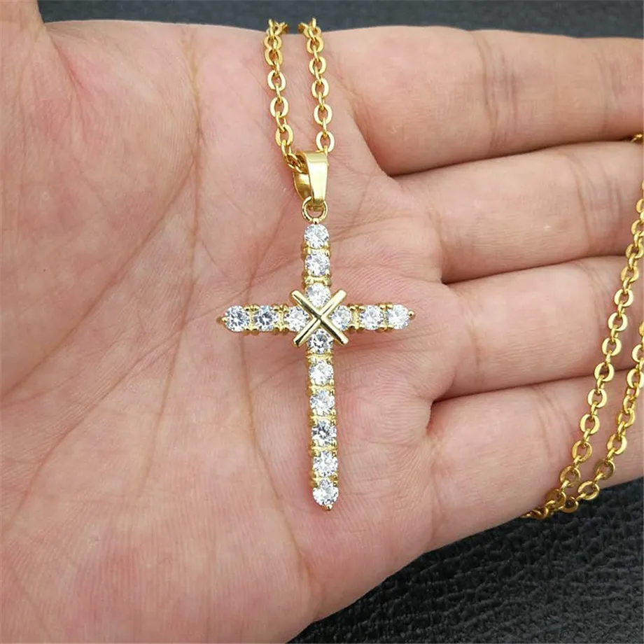 

Iced Out Full Rhinestones Cross Pendants Necklaces Gold Color Stainless Steel Religious Crucifix Necklace For Women/Men Jewelry