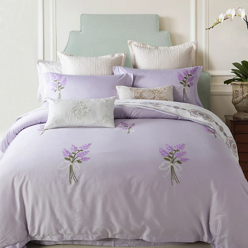 60s cotton lavender bedding set thick line embroidered bedroom duvet lavender queen sheet set