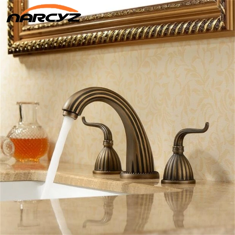 Free Shipping 3 Pcs Antique Brass Deck Mounted Bathroom Mixer Tap Bath