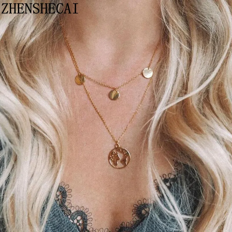 

New Fashion Jewelry hollow round Pendant Necklace map inside Chain of multiple layers for Women Girl jewelry gift xz2