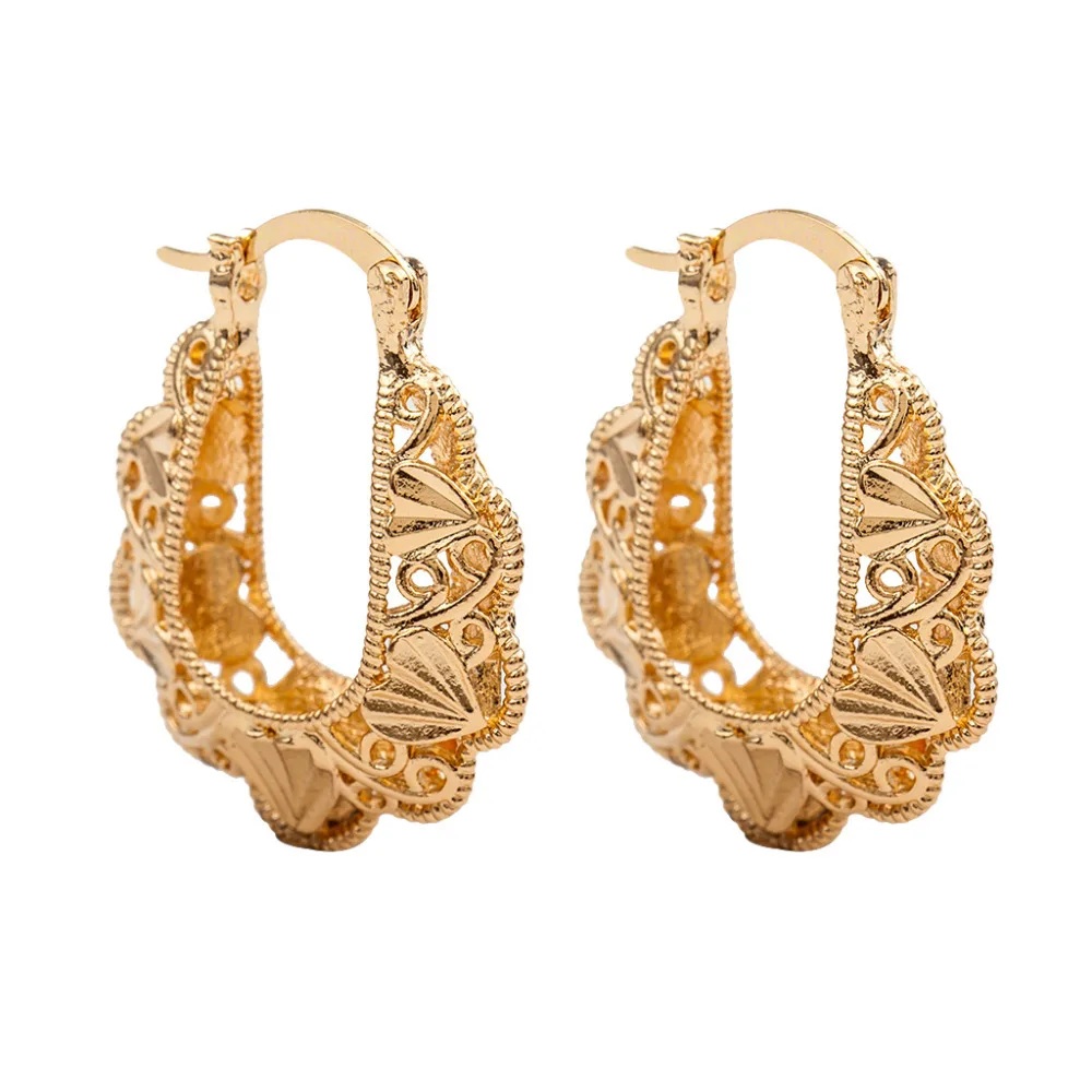 

Hoop Earrings For Women Hollow Flower Gold Color U Shape Circle Round Loop Earring Fashion Jewelry Ear Accessories