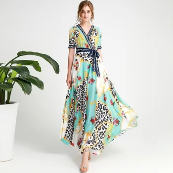 

Europe and America style elegant V-neck dress 2019 summer runways leopard dress Chic women's party dress A681