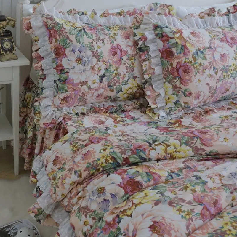 

New full flowers print bedding set pastoral ruffle lace duvet cover quality embroidery bedding elegant bed sheet bed skirt type