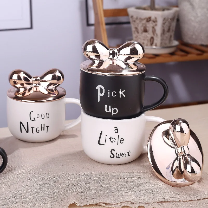 

Free shipping Berjaya 400ML Creative Bow-knot Cup with Lid Mug Ceramic Mug for Lovers Coffee Cup