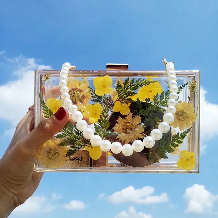 

TekiEssica Evening Bags Flower Wedding Party Pearl Flower Bride Handbag Crossbody Clear Hard Box Clutch Transparent Chain Bag
