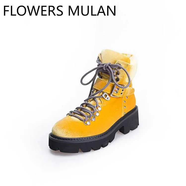 

Luxury Yellow Black Pink Velvet Upper Ankle Boots For Women Round Toe Chunky Heel Ladies Booties One Belt Metal Buckle Shoes